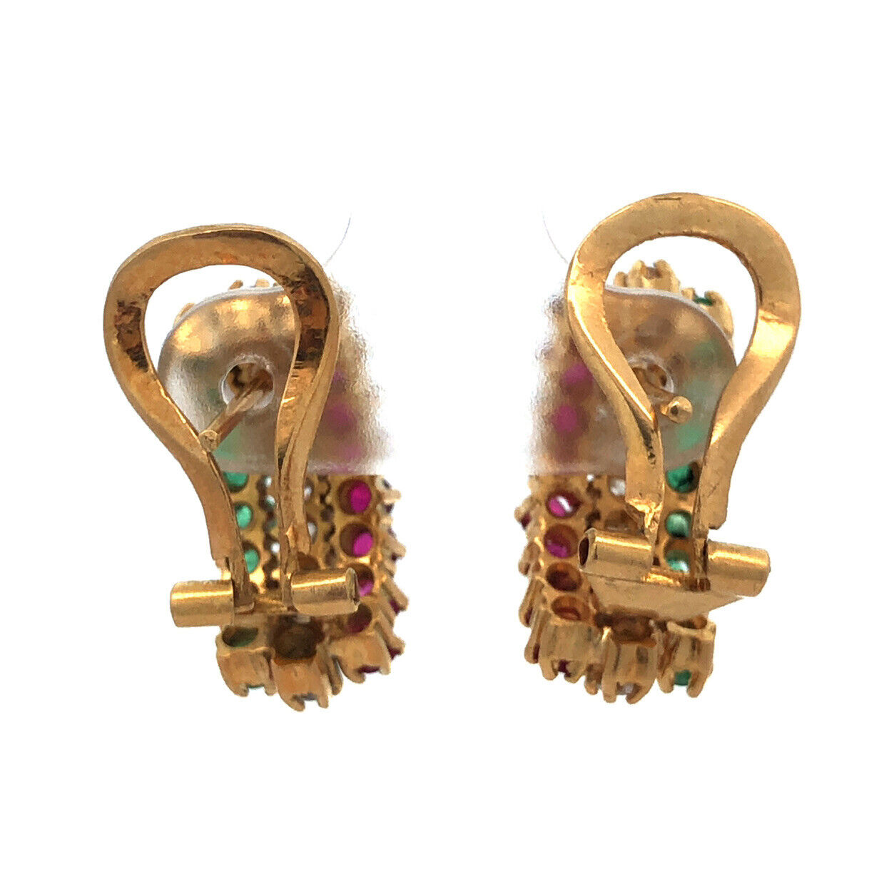 18K Yellow Gold Ruby Emerald Diamond Shrimp Omega Back Earrings