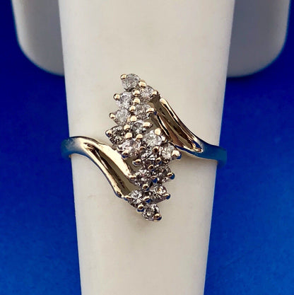 Retro 14K Yellow Gold Diamond Waterfall Cluster Bypass Anniversary Cocktail Ring