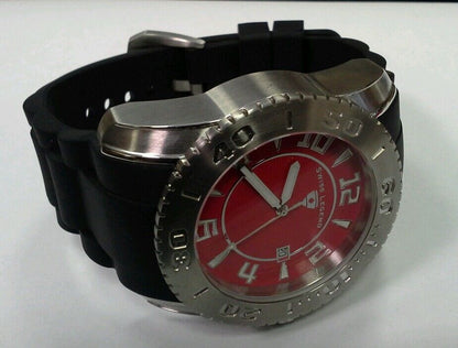 Swiss Legend Men Commander Stainless Steel Black Silicone Red Dial Watch 316L