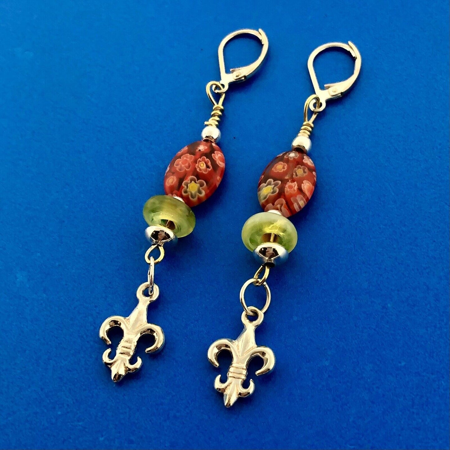 Sterling Silver 925 Millefiore Glass Bead Fleur De Lis Drop Dangle Earrings
