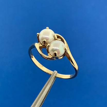 10K Yellow Gold Pearl Duo Bypass Cocktail Ring