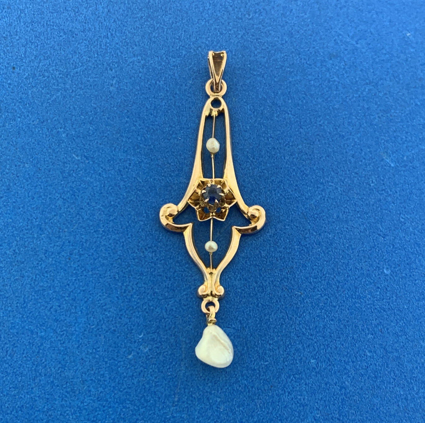 Art Nouveau 10K Yellow Gold Blue Glass Seed Pearl Drop Dangle Pendant