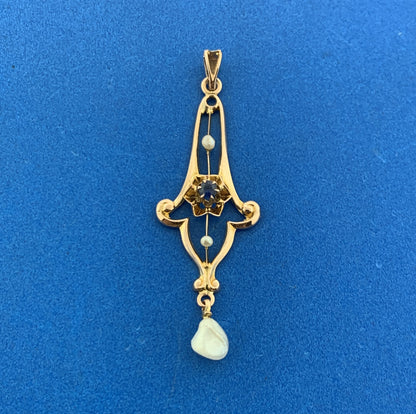 Art Nouveau 10K Yellow Gold Blue Glass Seed Pearl Drop Dangle Pendant