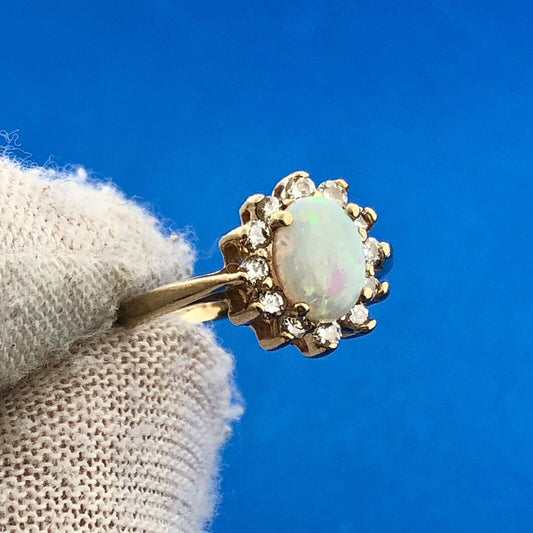 Estate 14K Yellow Gold Oval Opal Diamond Halo October Anniversary Cocktail Ring