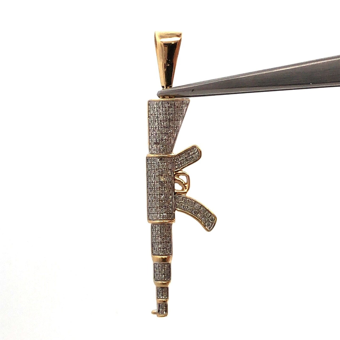 14K Yellow Gold Pave Diamond Rifle Machine Gun Firearm Statement Pendant