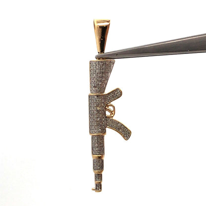 14K Yellow Gold Pave Diamond Rifle Machine Gun Firearm Statement Pendant