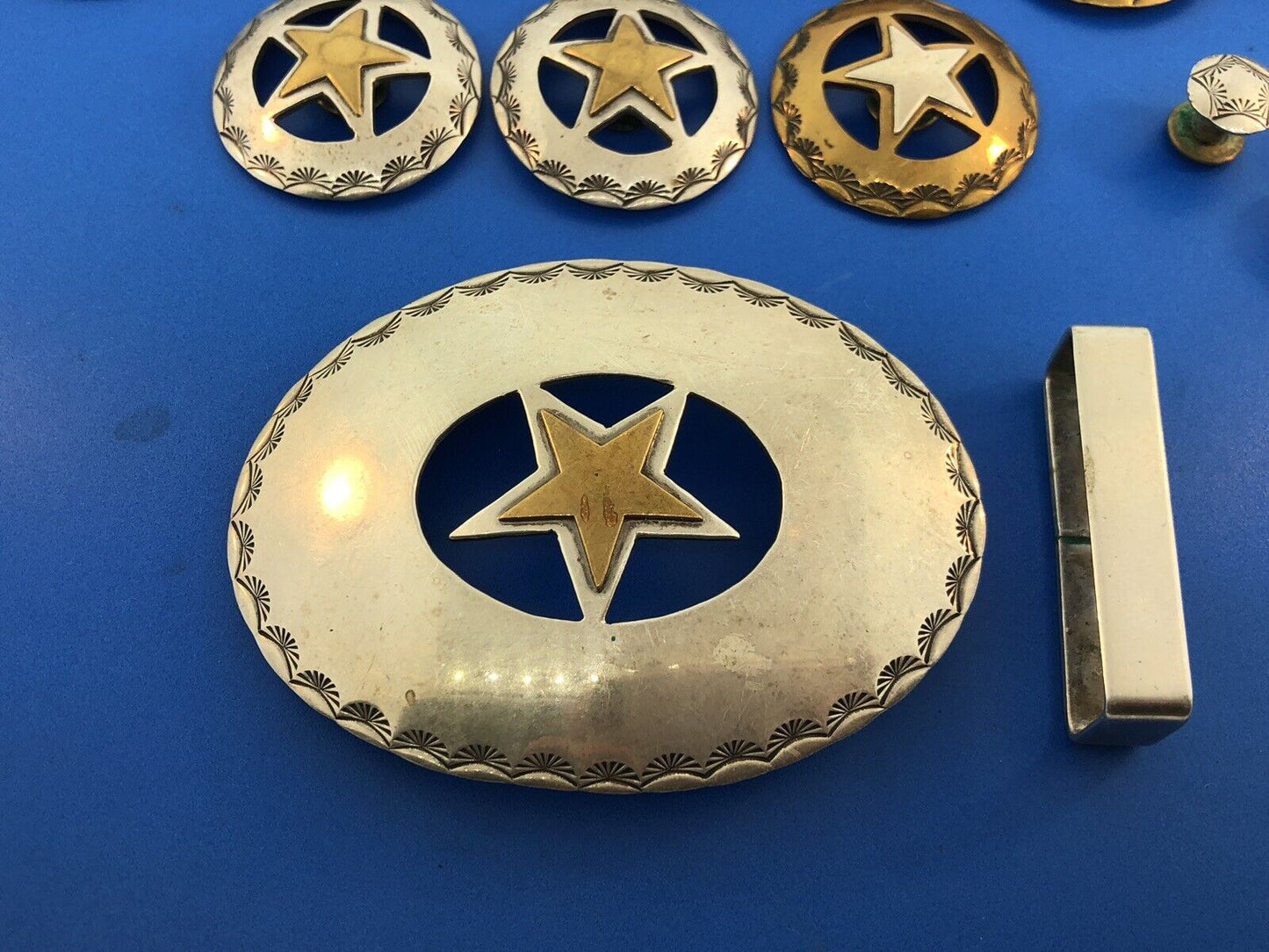 Southwestern Sterling Silver Brass Star Texas Star 23 Piece Rodeo Buckle Set