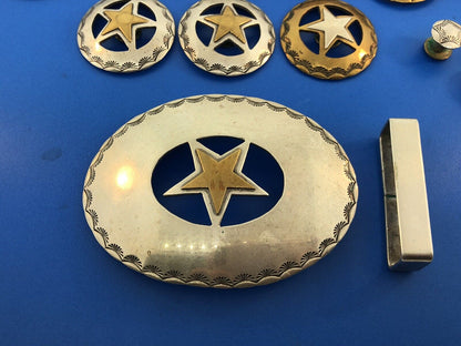 Southwestern Sterling Silver Brass Star Texas Star 23 Piece Rodeo Buckle Set