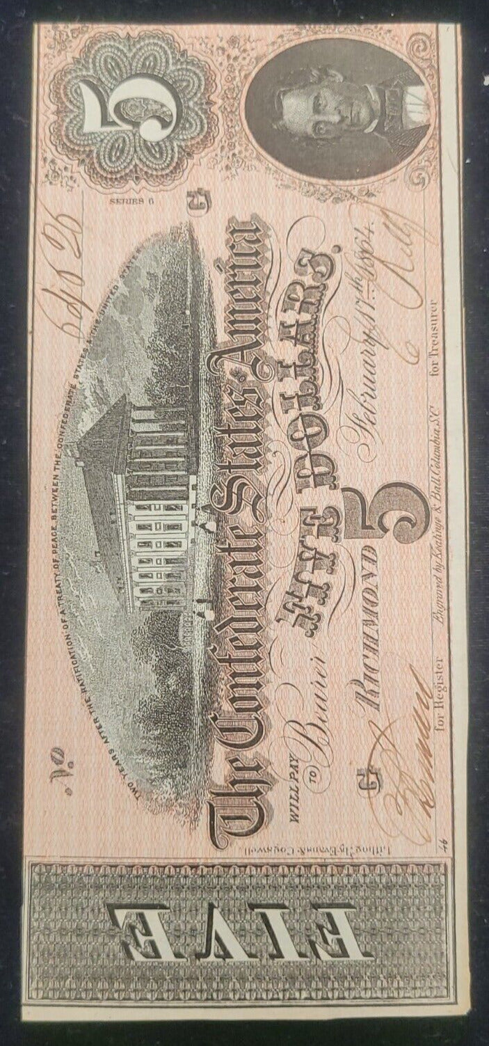 1864 $5 Richmond, VA Confederate States of America Rare Obsolete Bank Note