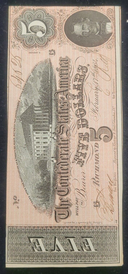 1864 $5 Richmond, VA Confederate States of America Rare Obsolete Bank Note