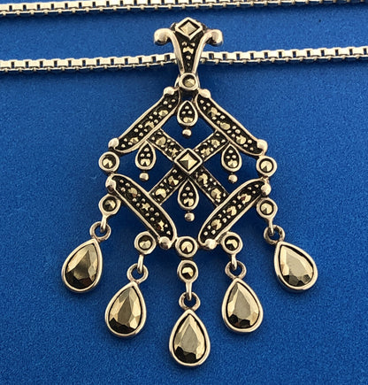 Marcasite Sterling Silver 925 Art Deco Style Dangle Pendant Enhancer Necklace