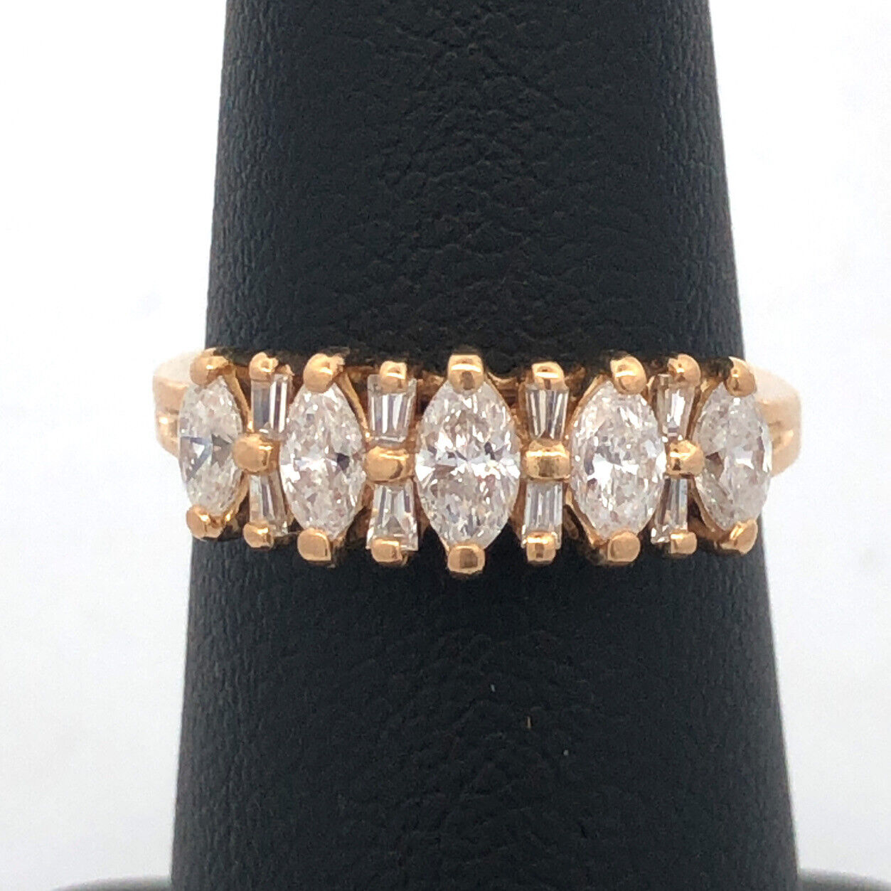 Designer 14K Yellow Gold Marquise & Baguette Diamond Anniversary Band Ring