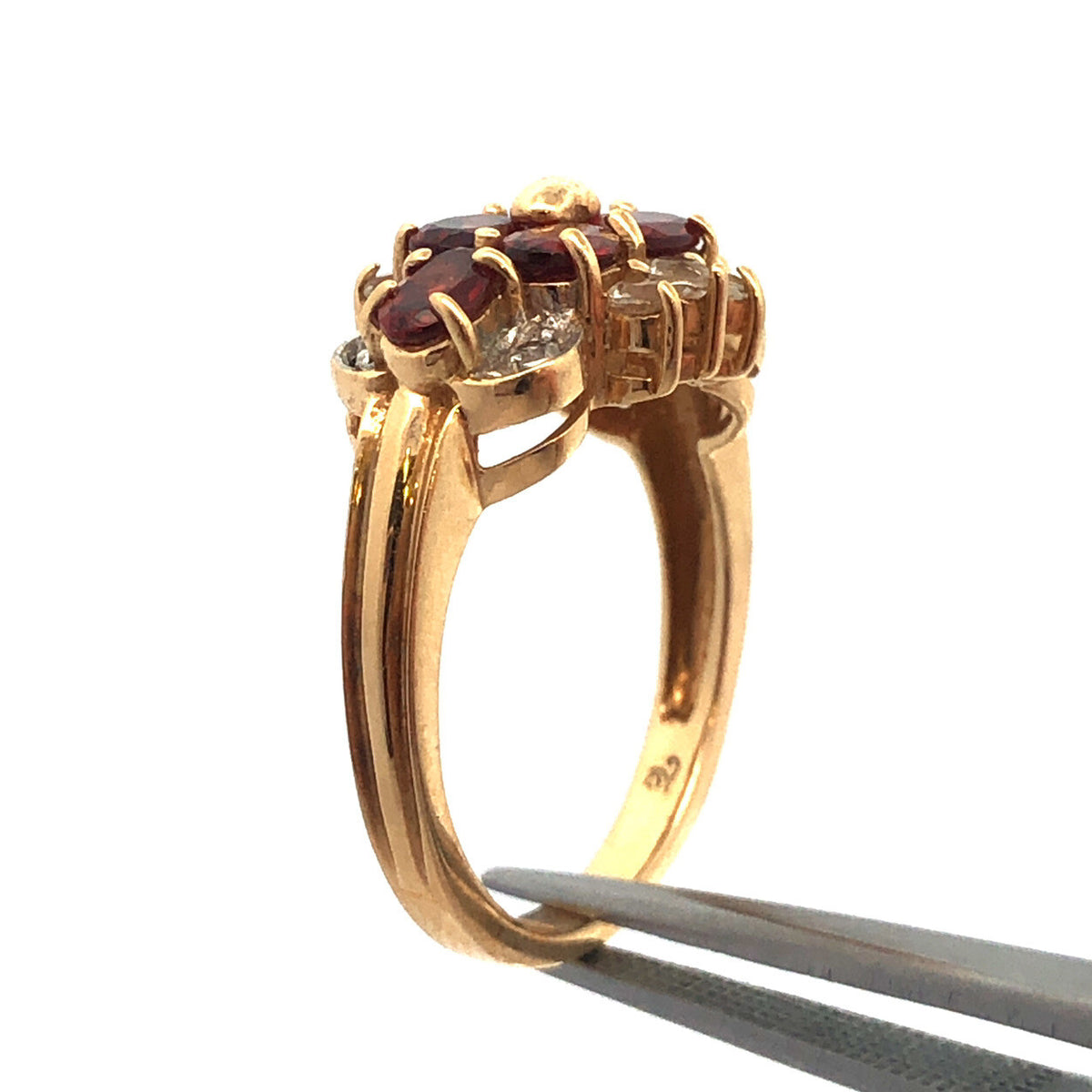 Designer 14K Yellow Gold Oval Garnet Diamond Cluster Cocktail Ring