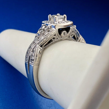 Designer 14K White Gold Diamond Princess Solitaire Halo Accented Engagement Ring