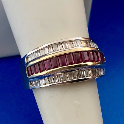 Vintage SRT 14K Yellow White Gold Diamond Ruby Channel Set Tapered Band Ring