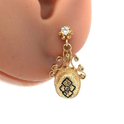 Vintage 14k Yellow Gold Diamond Scroll Gothic Chandelier Dangle Drop Earrings