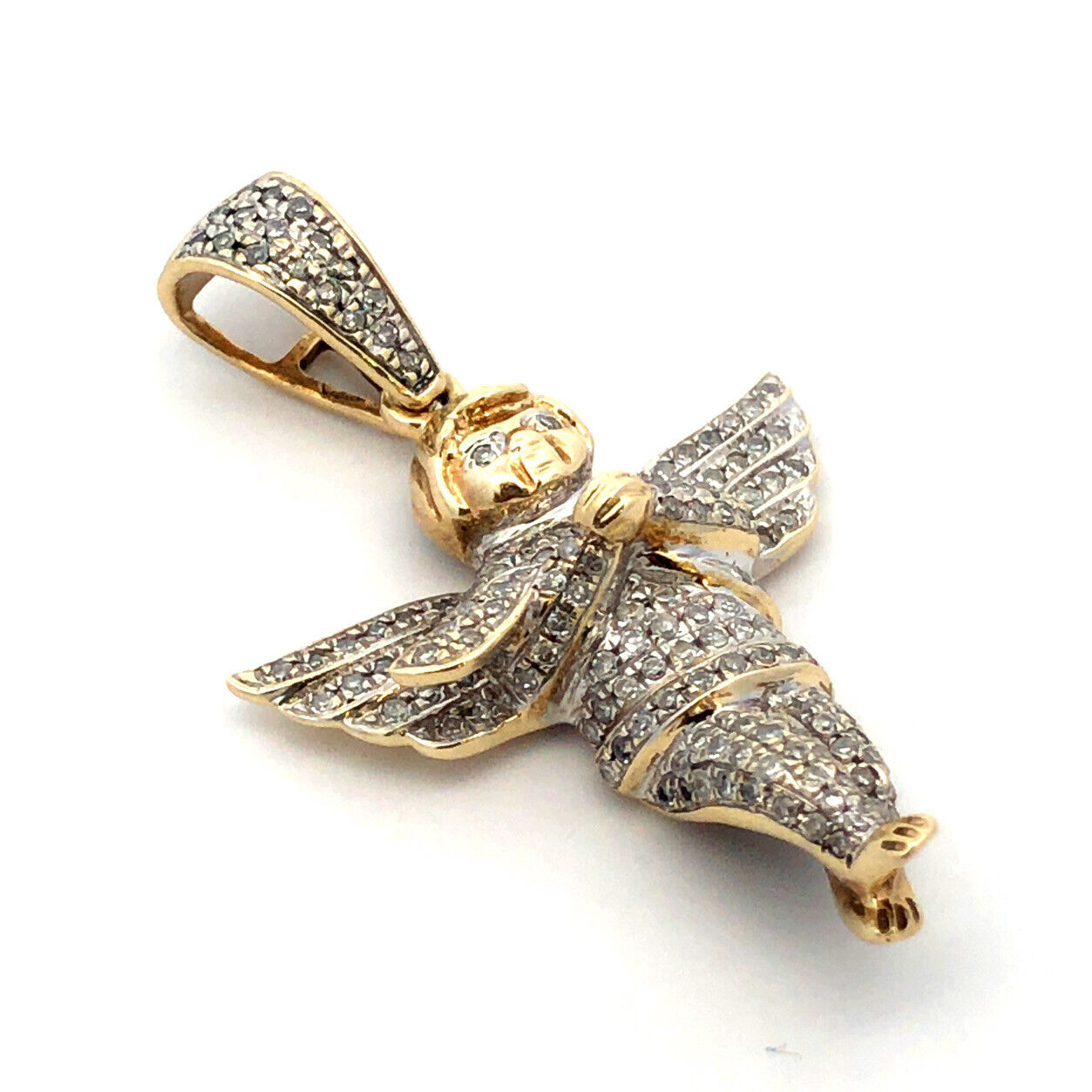 Designer 14K Yellow Gold Round Diamond 3D Cherub Angel Statement Pendant