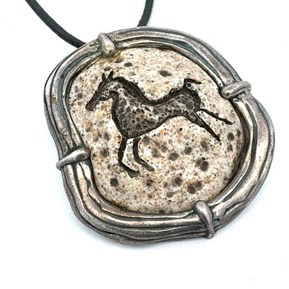 Vintage Sterling Silver Stone Carved Horse Statement Pendant Leather Necklace