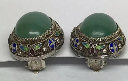 Vintage Artisan Sterling Silver Jade Cloisonne Filigree Statement Clip Earrings