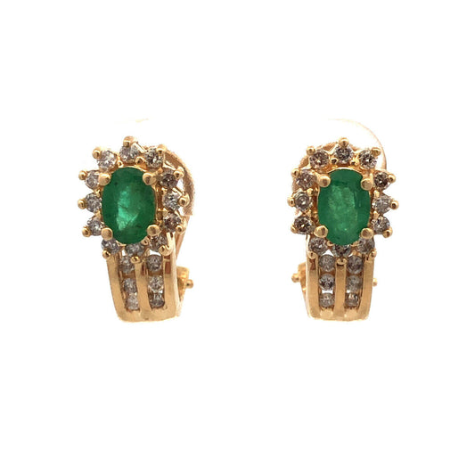 14K Yellow Gold Designer Oval Emerald Diamond Halo Drop Stud Earrings