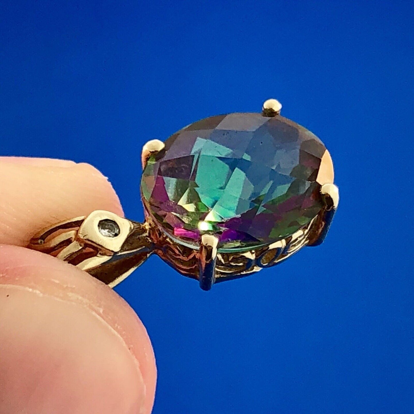 Designer 14k Yellow Gold Mystic Topaz Diamond Accent Pendant