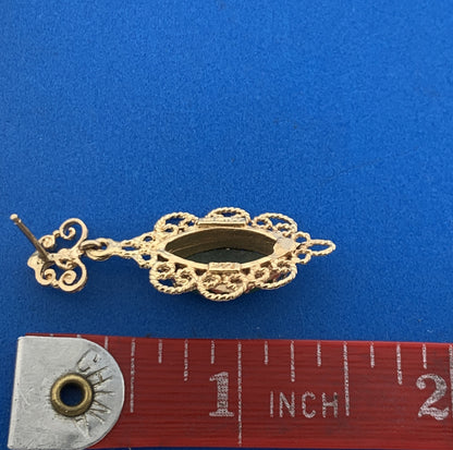 Vintage 14K Yellow Gold Marquis Jade Cabochon Filigree Dangle Drop Earrings