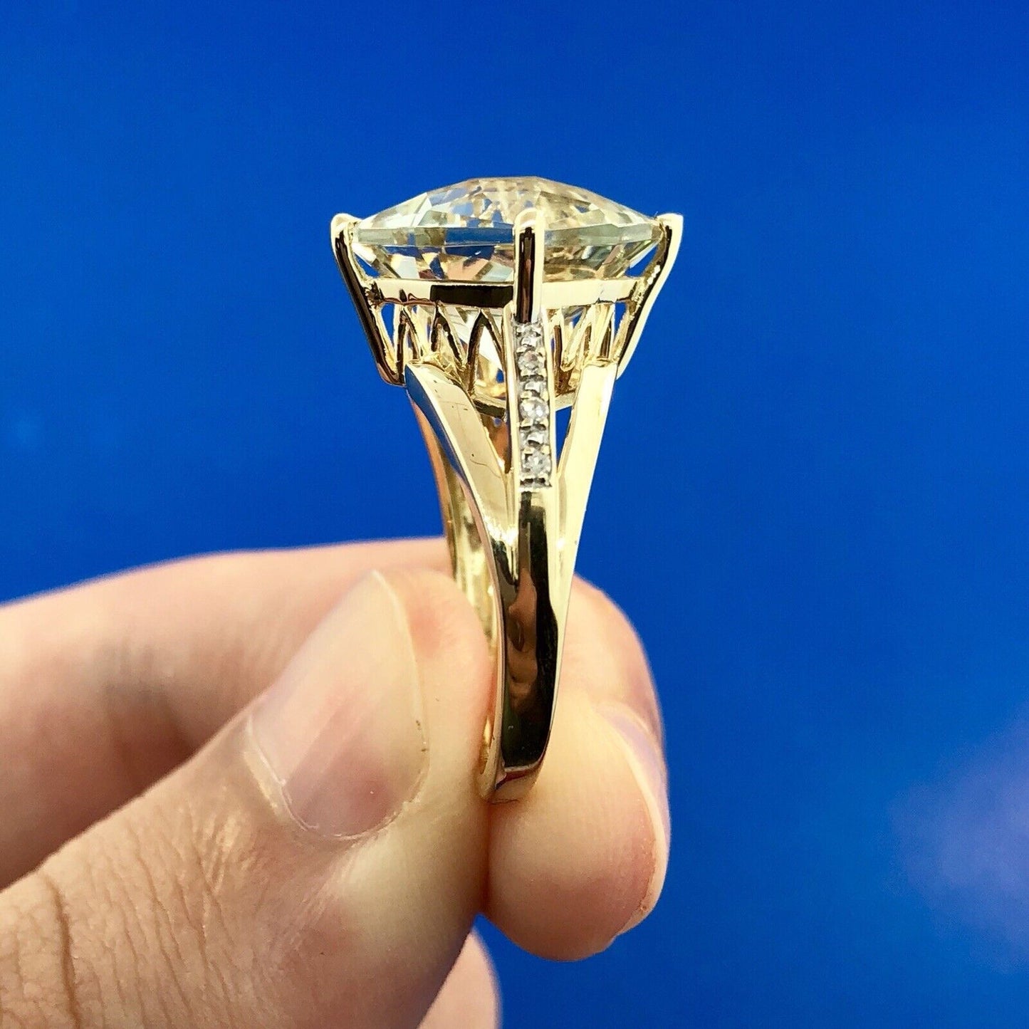 Designer 14K Yellow Gold Green Amethyst Prasiolite Diamond Accent Statement Ring