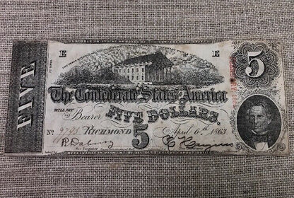 1863 $5 Confederate States of America April 6 Richmond Civil War Era Note T-60