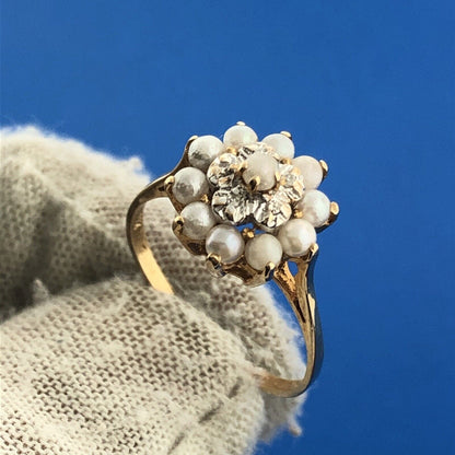 Gorgeous 10k Yellow Gold White Pearl Diamond Accent Dome Ring Size 6.75