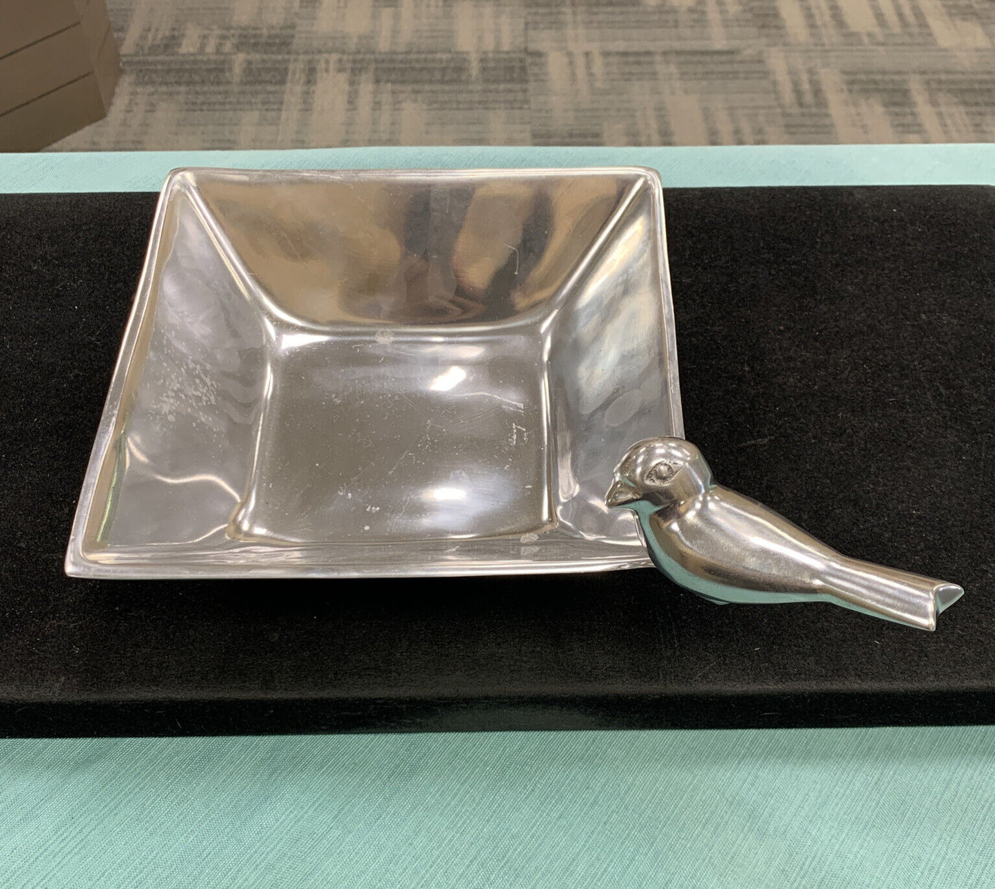 Aluminum High Polished Bird Perched On Lip Birdbath Square Serving Bowl Dish