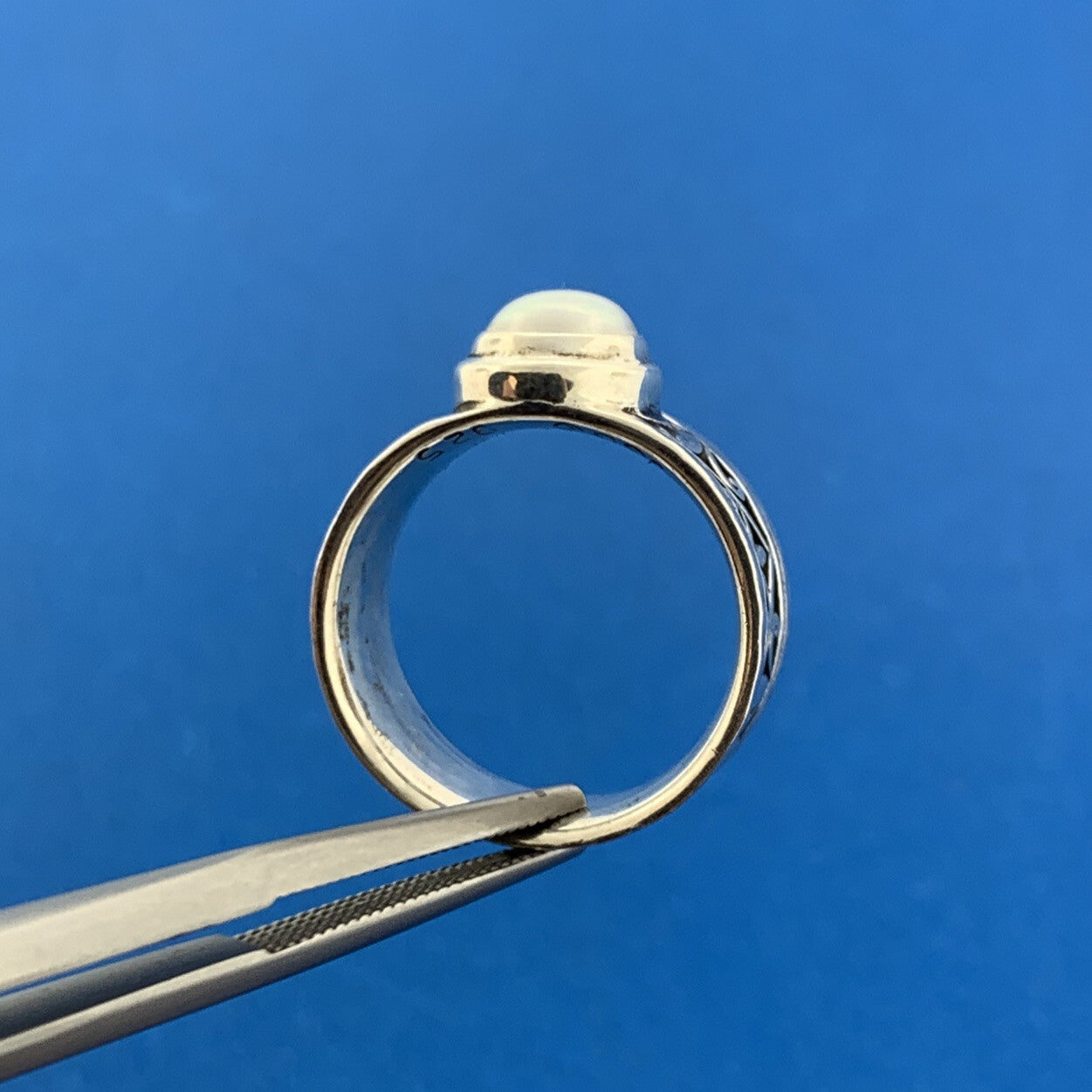 Designer 925 Sterling Silver Pearl Fleur De Lis Scroll Cigar Band Ring