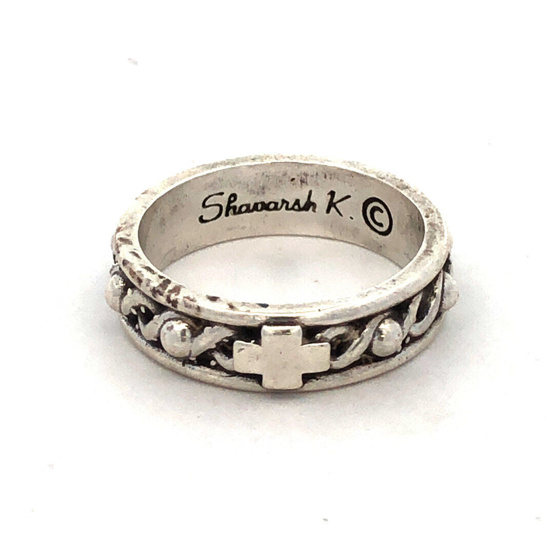 Designer Shavarsh K 925 Sterling Silver Cross Crown Thorns Stackable Band Ring