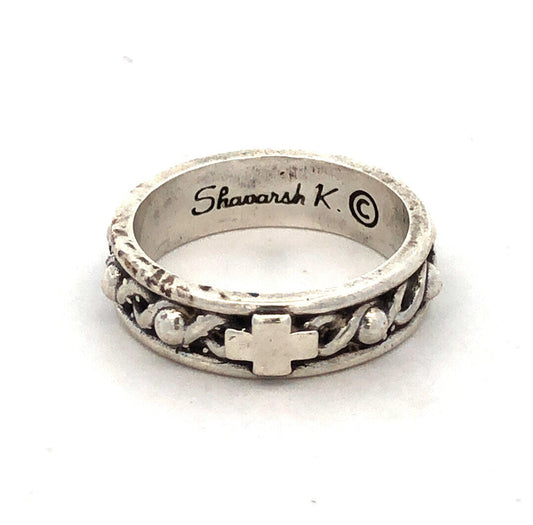 Designer Shavarsh K 925 Sterling Silver Cross Crown Thorns Stackable Band Ring