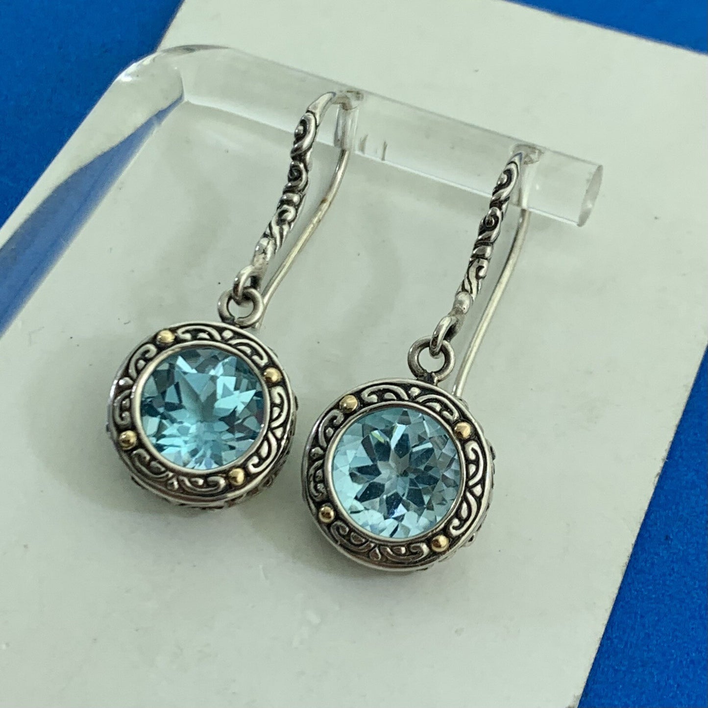 Designer DS ID Sterling Silver 18K Yellow Gold Round Blue Topaz Dangle Earrings