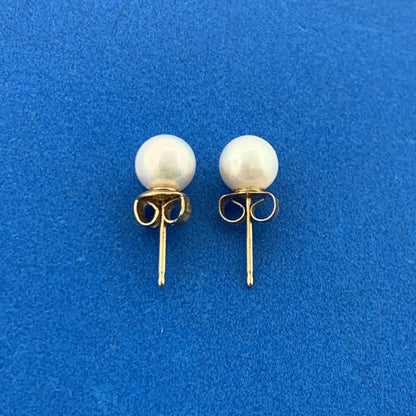 Gorgeous 14k Yellow Gold Cabochon 6mm White Pearl Friction Back Stud Earrings