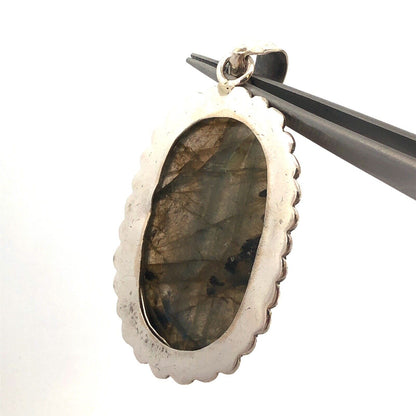 Vintage 925 Sterling Silver Oval Cabochon Labradorite Large Statement Pendant