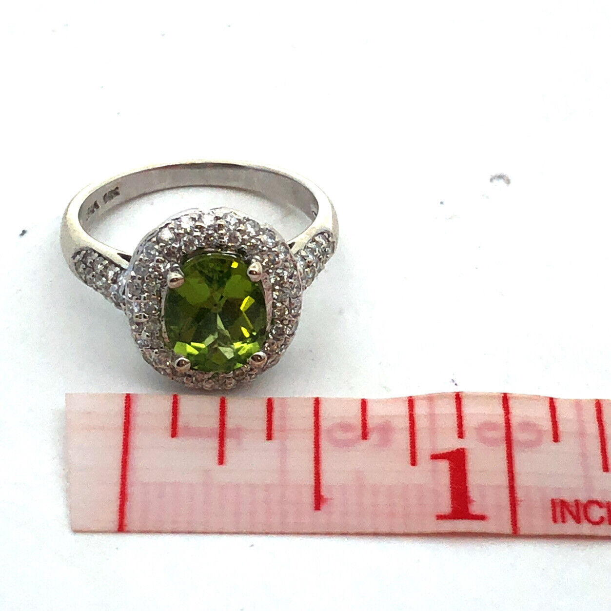 Designer EMA 14K White Gold Oval Cushion Cut Peridot Diamond Halo Cocktail Ring