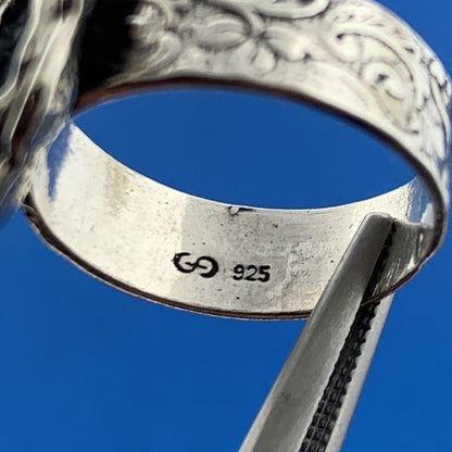 Vintage 925 Sterling Silver Opal Doublet Floral Scroll Flower Power Ring