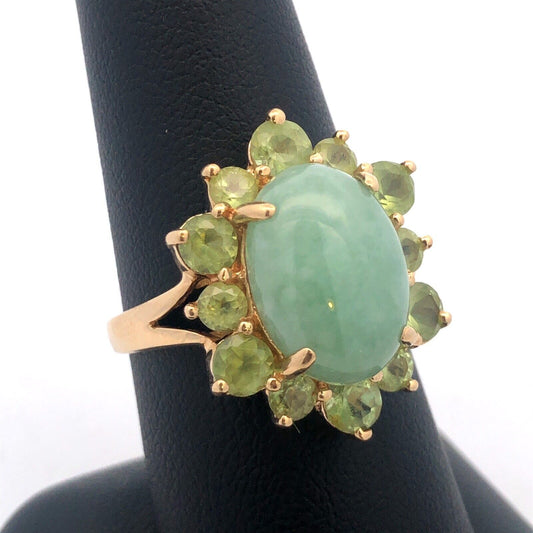 Designer EA 14K Yellow Gold Jade Cabochon Peridot Halo August Anniversary Ring