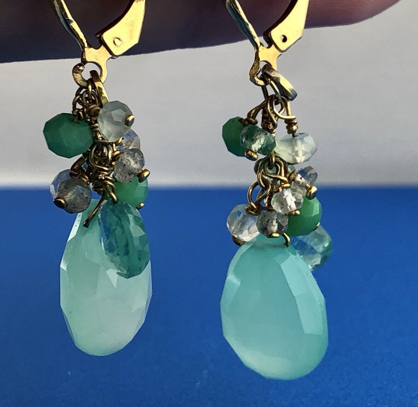India Sterling Silver Vermeil Green Blue Opalescent Beads Drop Dangle Earrings