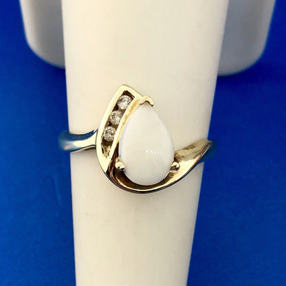 Designer 10K Yellow Gold Opal Diamond Modernist Bypass October Occasion Ring