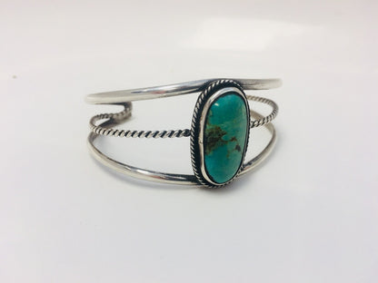 Native American Sterling Silver Oval Green Royston Turquoise Split Cuff Bracelet