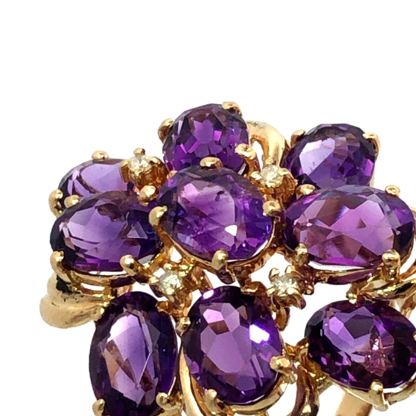 Designer 14K Yellow Gold Lab Created Oval Amethyst Diamond Cluster Cocktail Ring