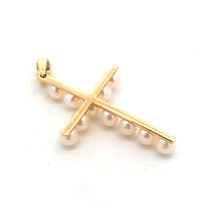 Designer 14K Yellow Gold Round White Pearl Cross Pendant
