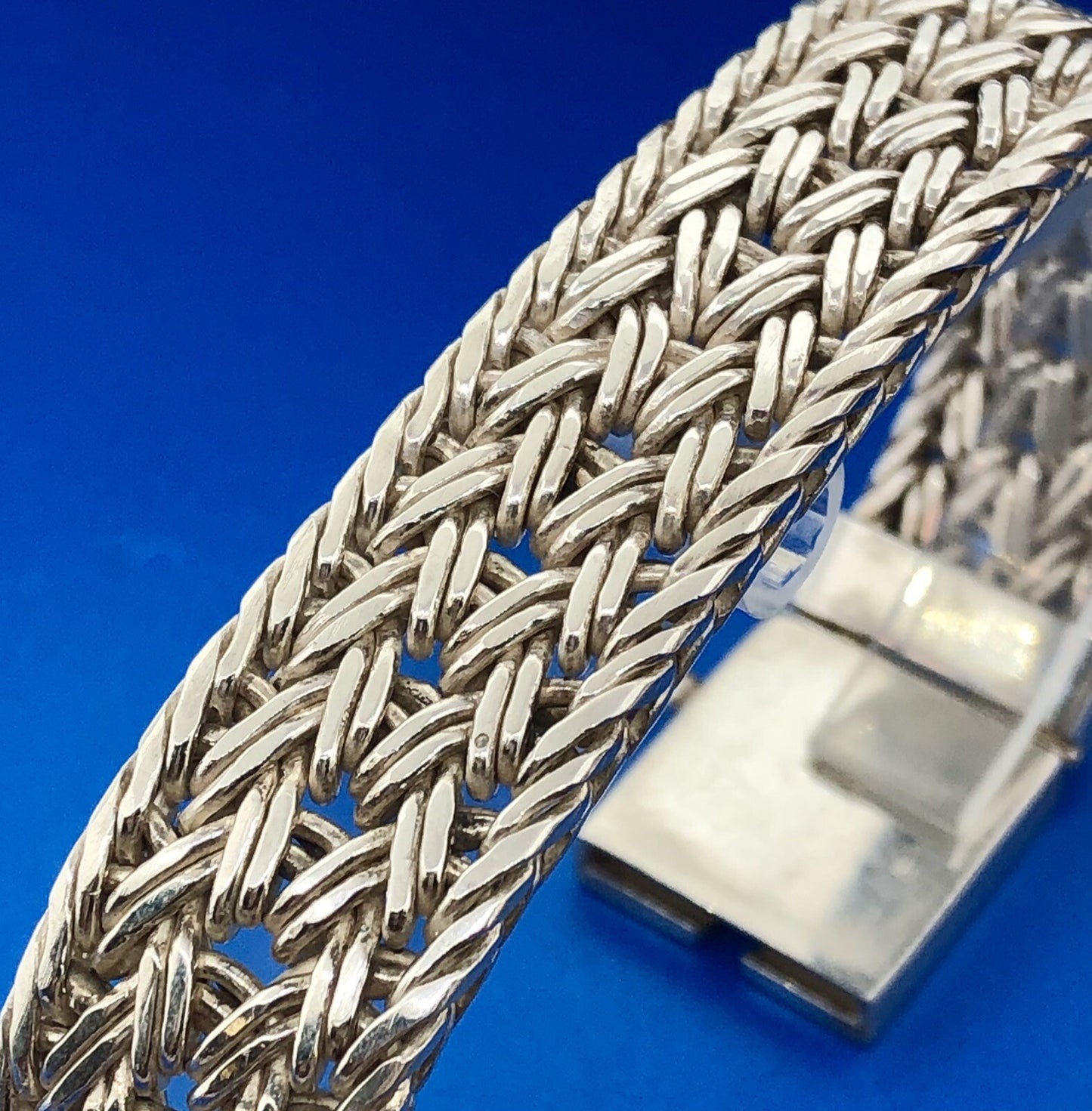925 Sterling Silver Basket Weave Heavy Statement Buckle Bracelet