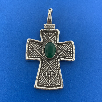 Stunning Sterling Silver 925 Cabochon Oval Emerald Religious Faith Cross Pendant