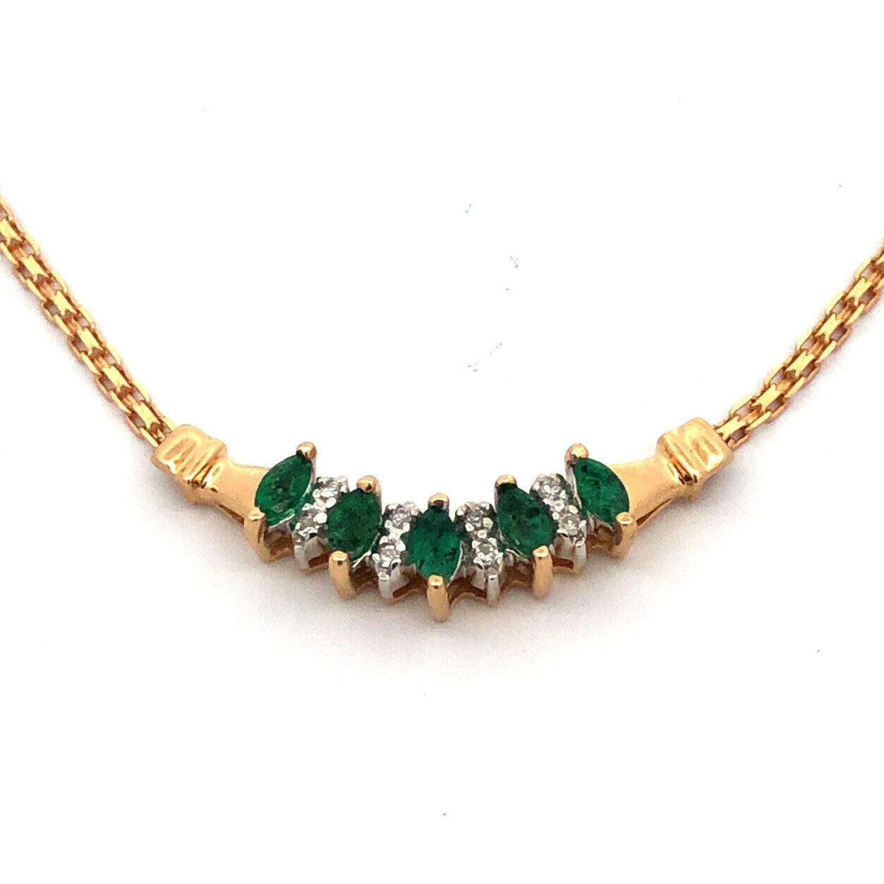 Designer 14K Yellow Gold Marquise Emerald Round Diamond Anniversary Necklace