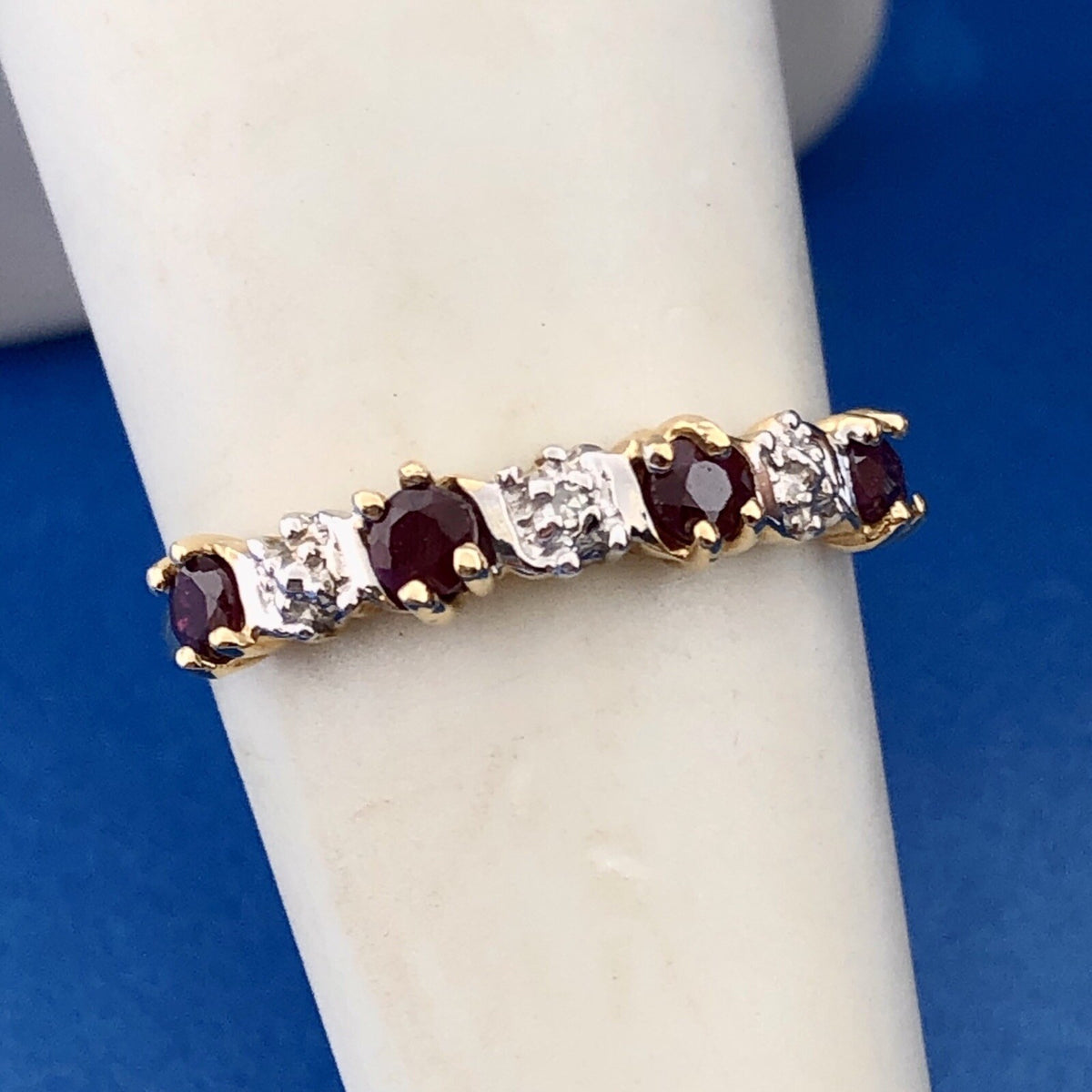 Retro 10K Yellow White Gold Ruby Diamond Stackable Anniversary Band Ring