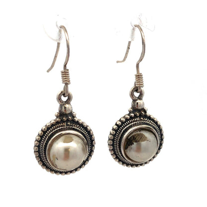 Vintage 925 Sterling Silver Round Pearl Beaded Detail Hook Dangle Earrings