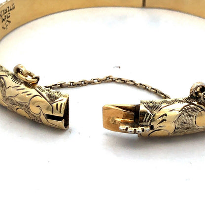 Art Nouveau Siam Sterling Silver Vermeil Etched Scroll Hinged Bangle Bracelet